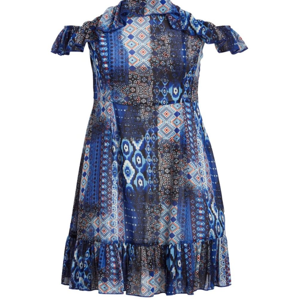 Blue Abstract Ruffle Off-Shoulder Mini Dress